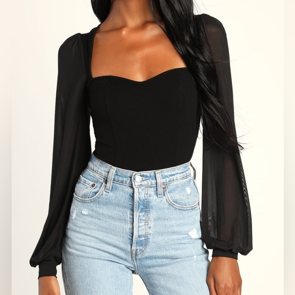 ⭐️ 40% OFF 3+ NWT Lulus Sweetheart Black Ribbed Balloon Sleeve Bodysuit XS